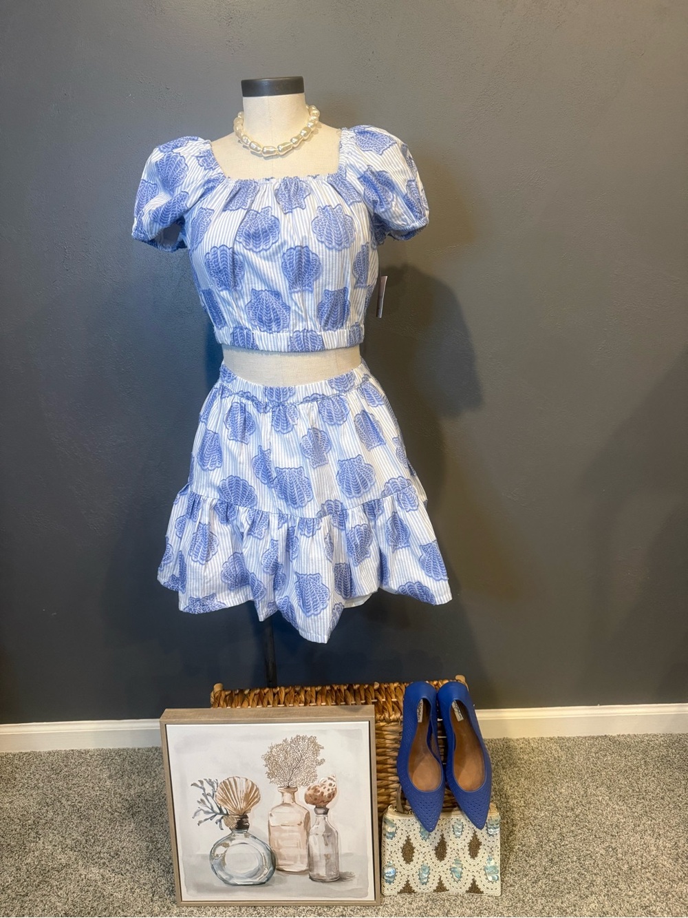 Kids size small two piece blue and white beachy set